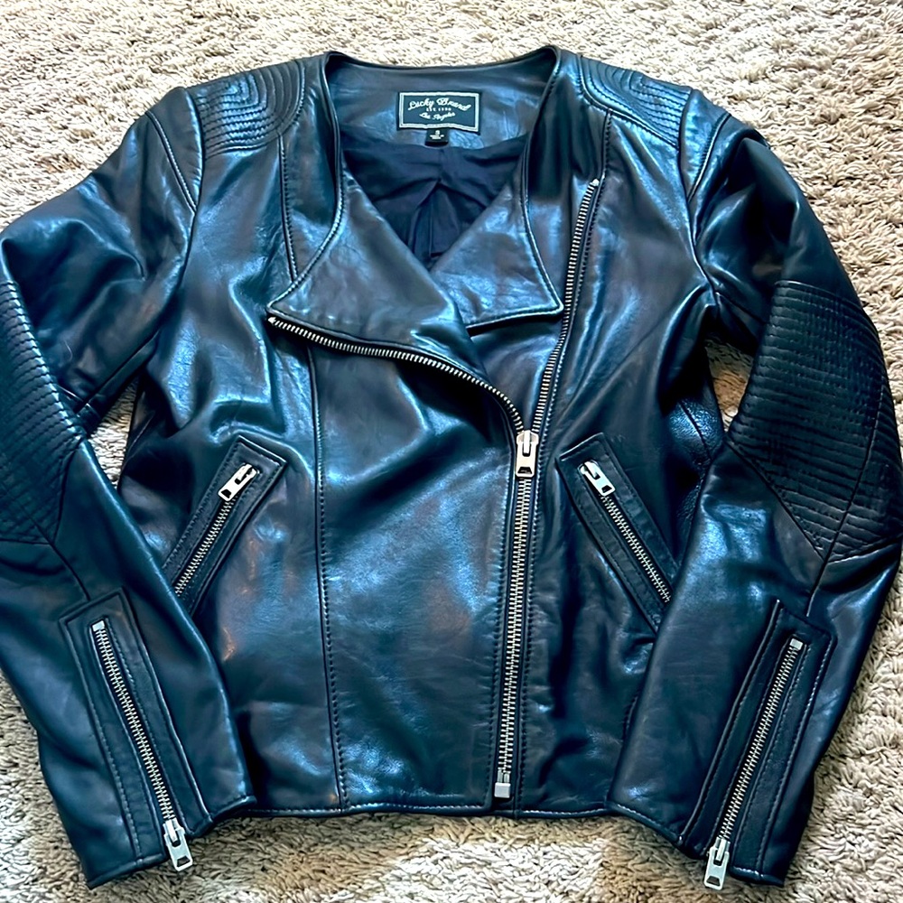 Lucky Brand Moto Jacket, 100% Lamb Leather, quilted elbows/shoulders, size s